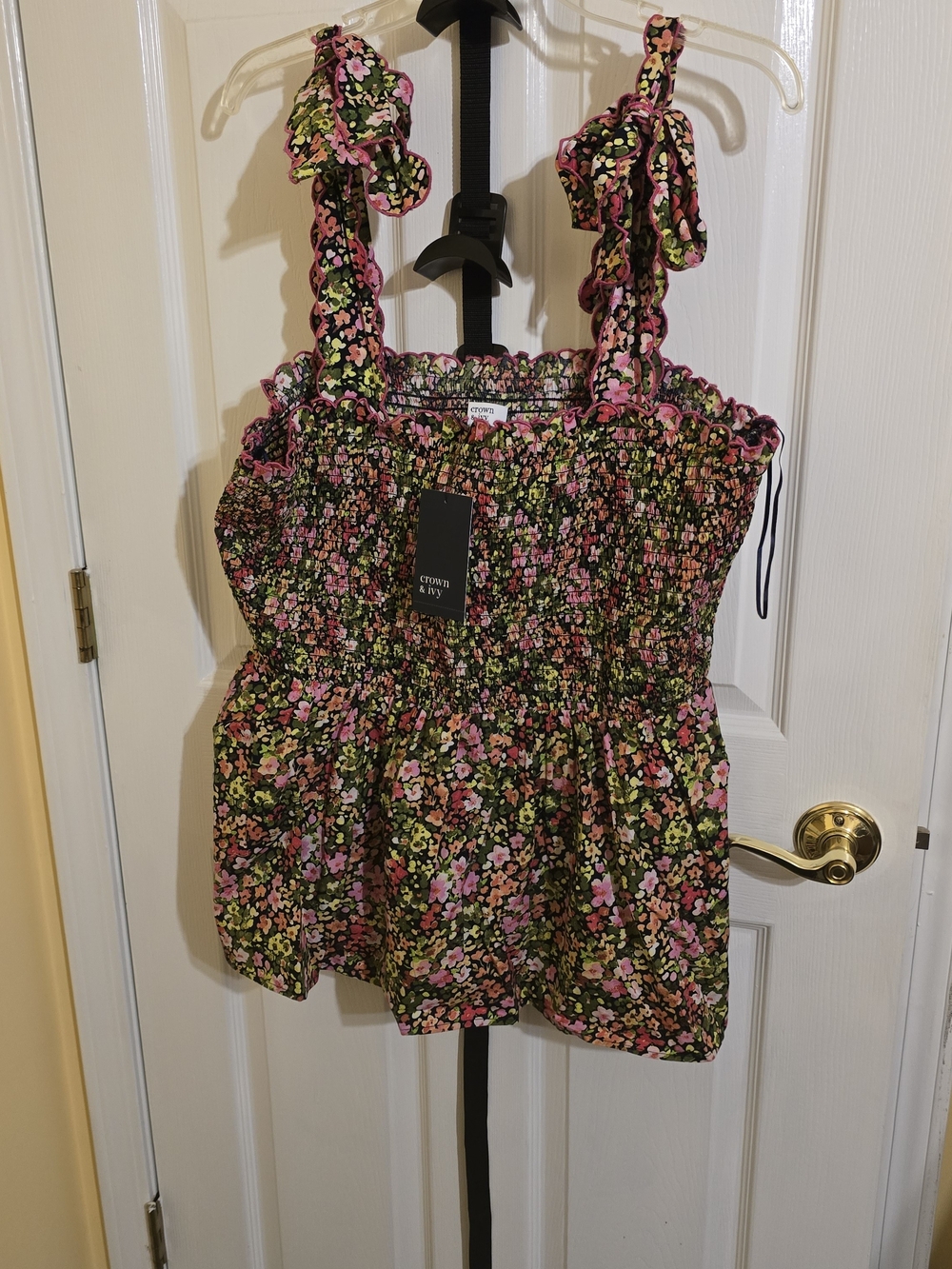 crown & ivy Black Pink Green Floral Smocked Tie-Strap Tank